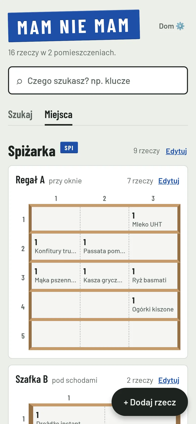 Zakładka Miejsca: rysunek regału A w spiżarce z nazwami rzeczy na półkach.
